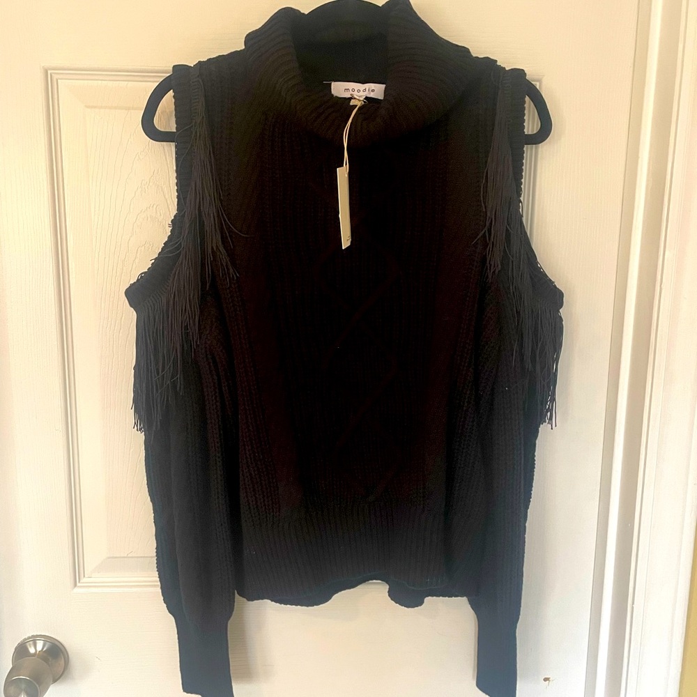 Black fringe sweater w shoulder cutouts
